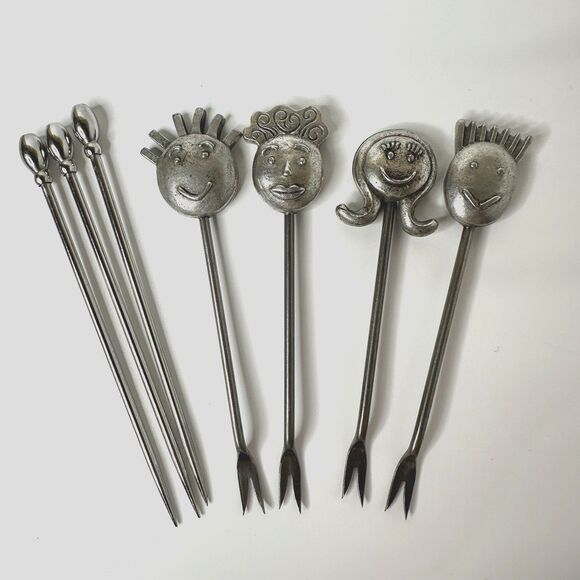 Vtg RobinWood Fondue Forks 7 Mid Century Faces & Cocktail Picks Hor d'oeuvres - Picture 1 of 16
